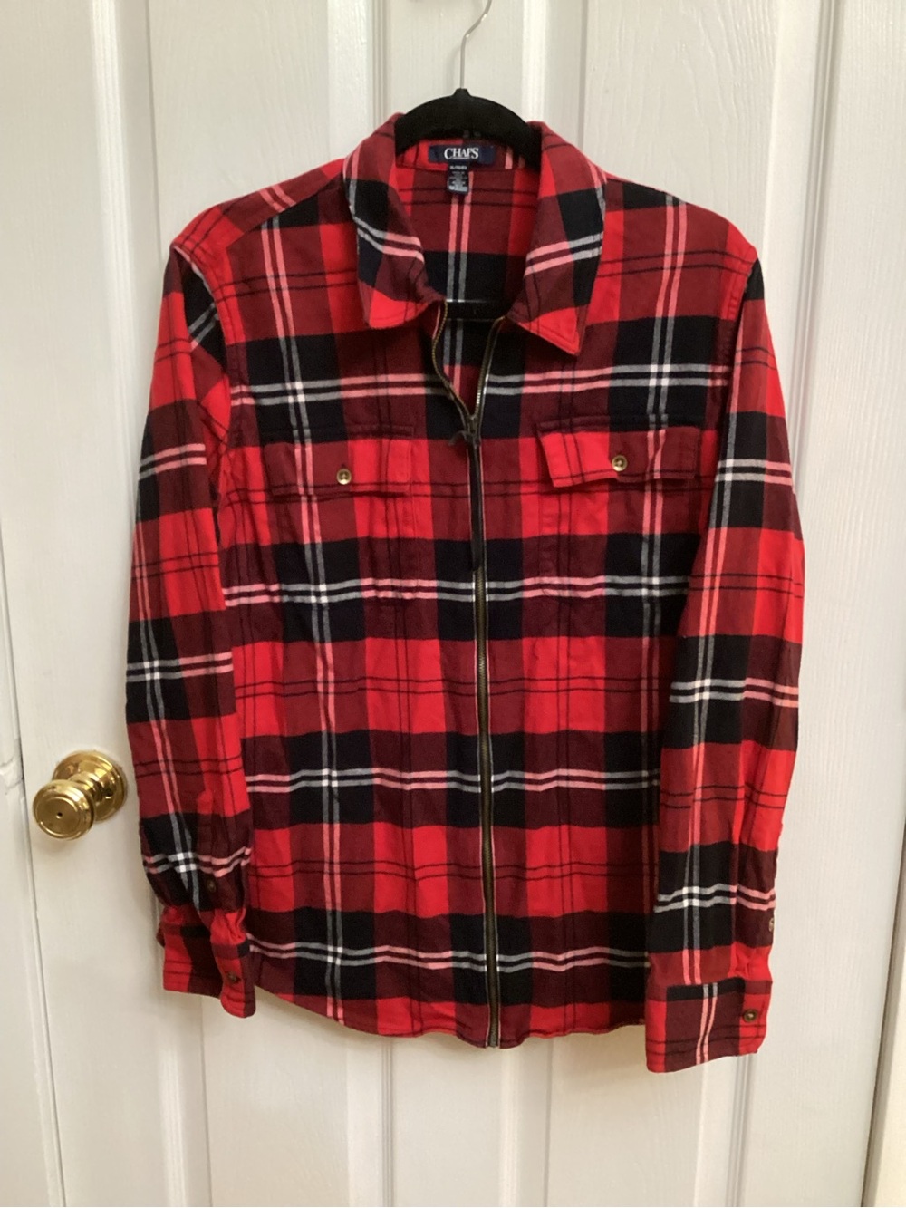 Chaps Red and Black Plaid Zip-Style Shirt Jacket